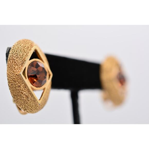 Sarah Cov Vintage Crystal Clip Earrings Chocolate Rhinestone Gold Signed BinAV - Picture 4 of 12